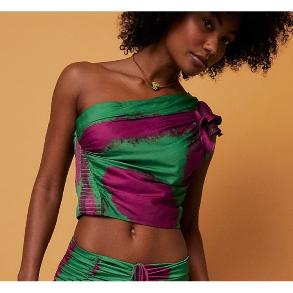 NEW FREE PEOPLE x HOUSE OF AAMA Green Pink Mielle One Shoulder Top SMALL - Picture 1 of 10